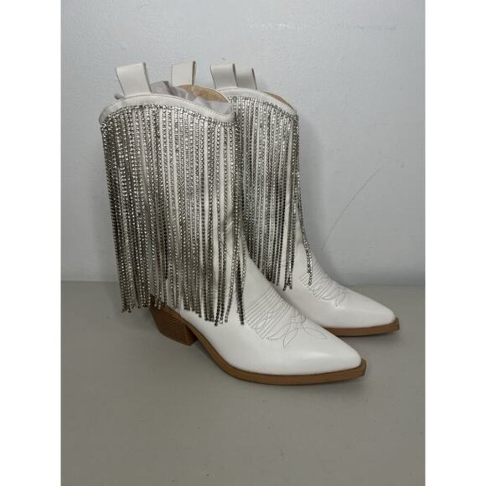 Azalea Wang Faux Leather Rhinestone Fringe Cowboy Boots Women’s Size 6.5